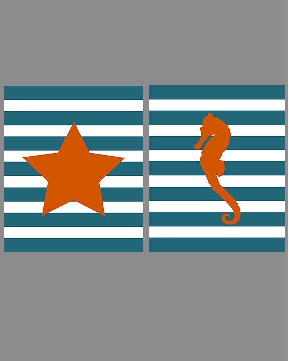 Nursery art - wall decor - star and seahorse on blue and white stripe background - digital print - 8x10 on A4