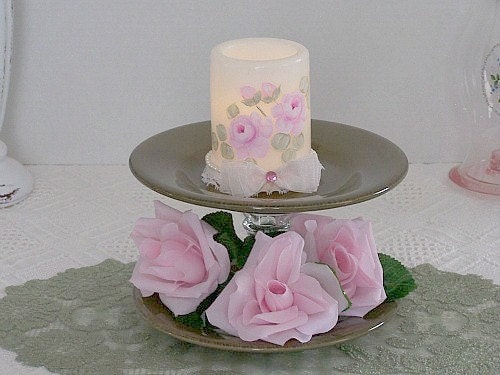 Green 2 Tier Cupcake Candle Plate Glass Pedestal Stand