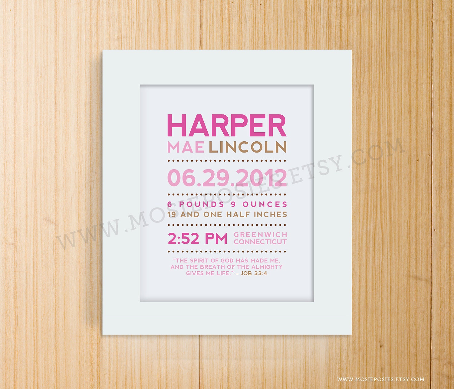 Modern Typography Announcement Birth Print with Bible Verse or Poem