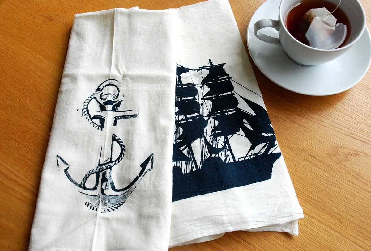 Nautical Cotton Bar Towels Set of Two Navy