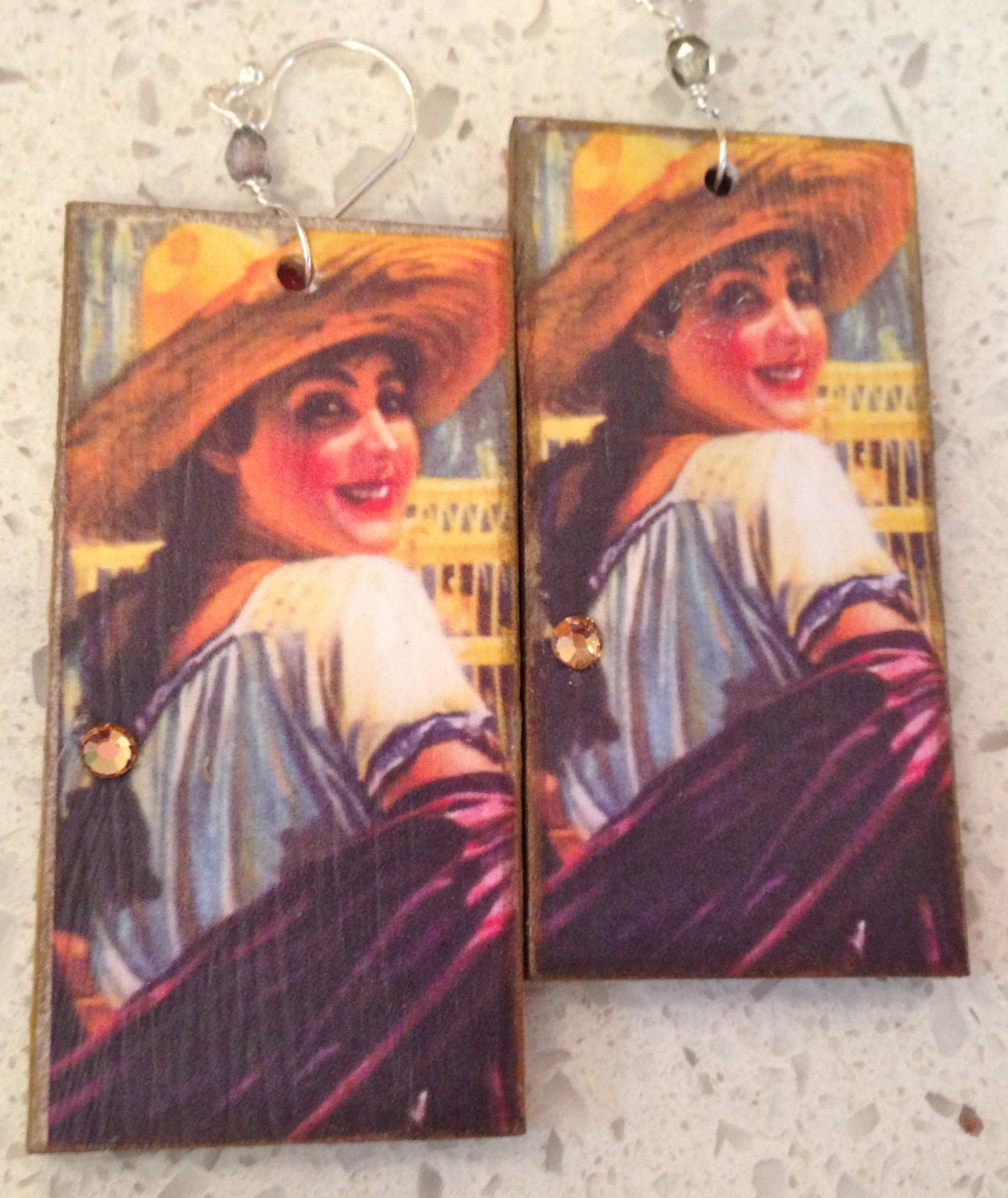 Vintage Mexican Calendar Girl Earrings - w/Shawl