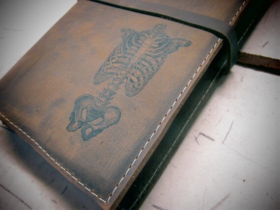 large leather journal sketchbook custom handprinted for you skeleton