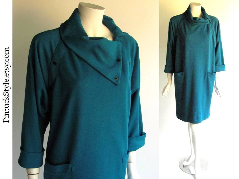 SALE. Teal Tunic 1980s, Shift Dress Retro Style 80s with Collar and Retro Snap Front, Soft Knit Fabric,  Medium or Large, M, L - pintuckstyle