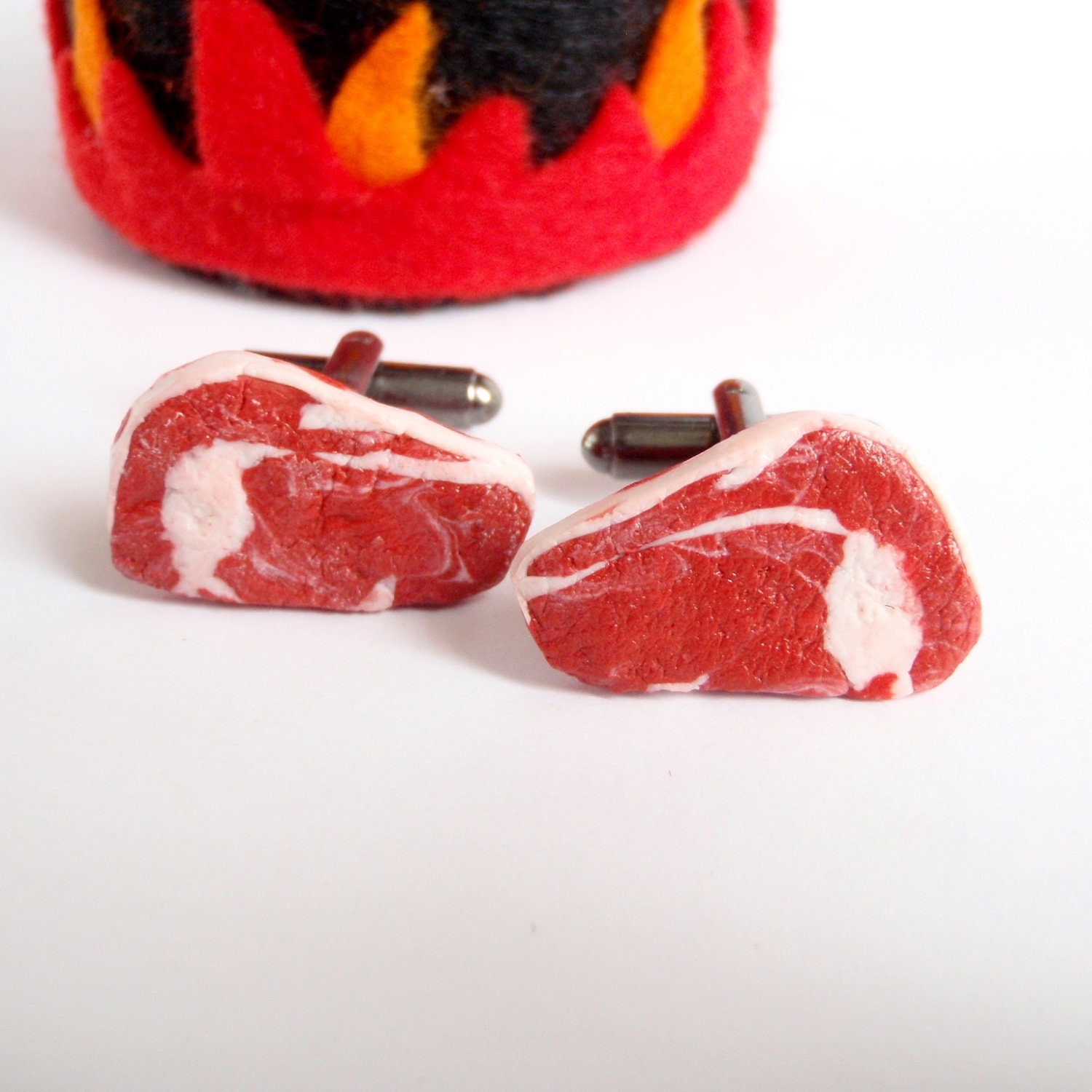 Steak Lover Cufflinks - Ribeye Steak Cuff Links - Miniature Food Art Jewelry Collectable - Schickie Mickie Original 100% Handmade