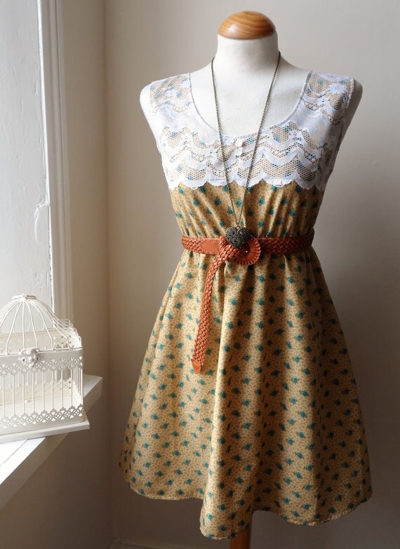 Dress in Mustard and Teal Rose and Floral Whimsical Dress S