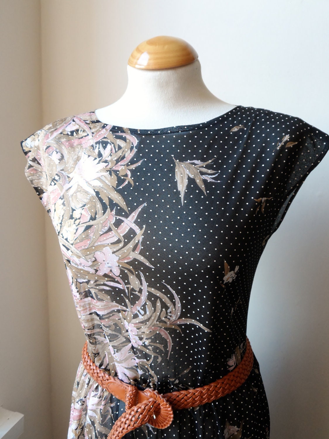 Vintage Floral Dress Black Fern Tropical Print Spotty Dress M