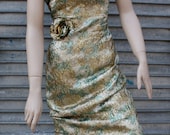 1960s Gold and Green Metallic Brocade Flower Wiggle Cocktail Dress