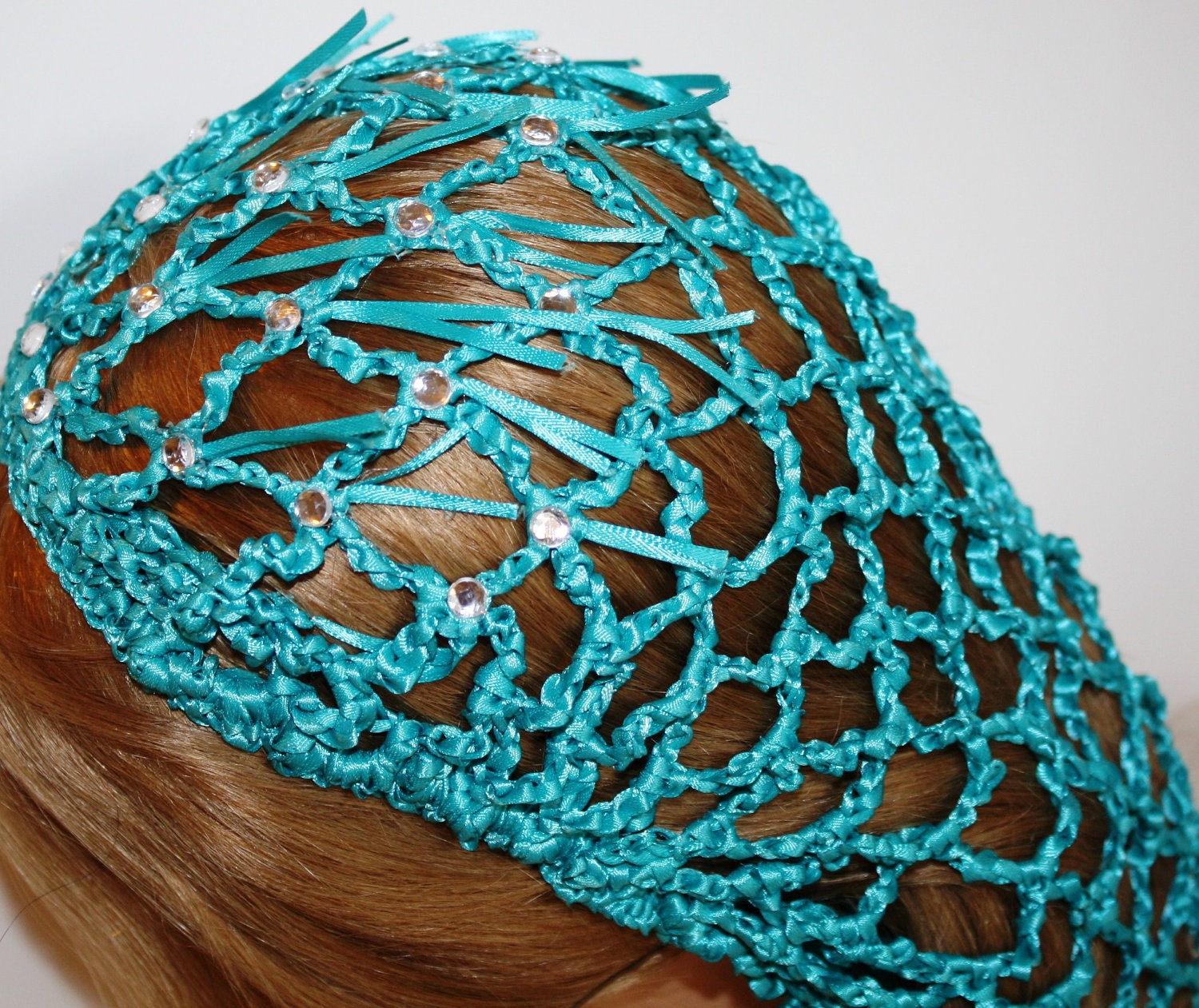 Sale Teal Satin Feathery & crystal stones, Hair SNOOD,  2012 Runway Fashion  Inspired,, hair Snood, hairnet, Caul,