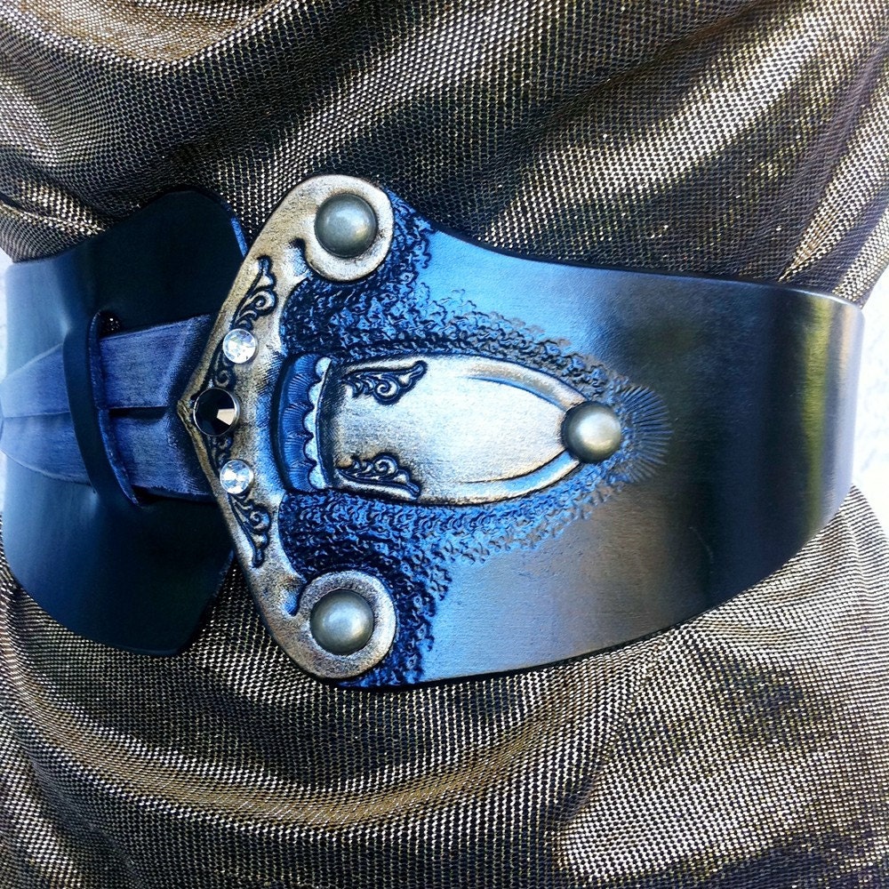 The Dagger Handmade Tooled and Studded Black Leather Wide Waistcincher Belt