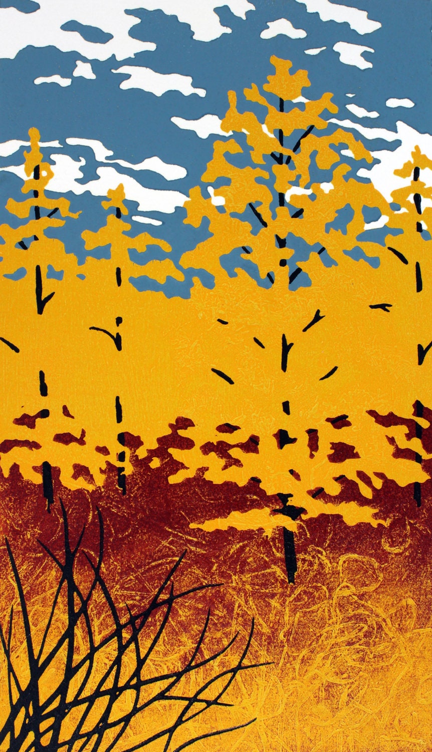 Tamarack - Original Color-Reduction Woodcut & Collagraph