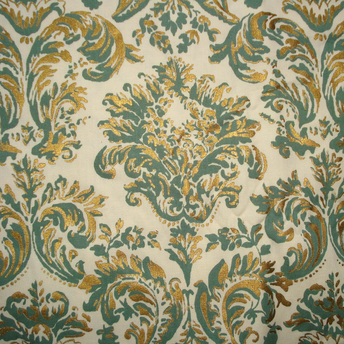 Beautiful Cotton FABRIC - Screen Printed - Metallic Gold and Sage Green - Crisp COTTON