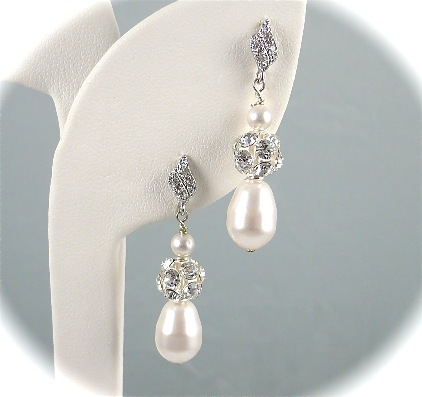 Rhinestone Pearl Earrings, Pearl Drop Earrings, Swarovski Rhinestone Fireballs, CZ Posts Studs Sterling Silver, Wedding, Bridal