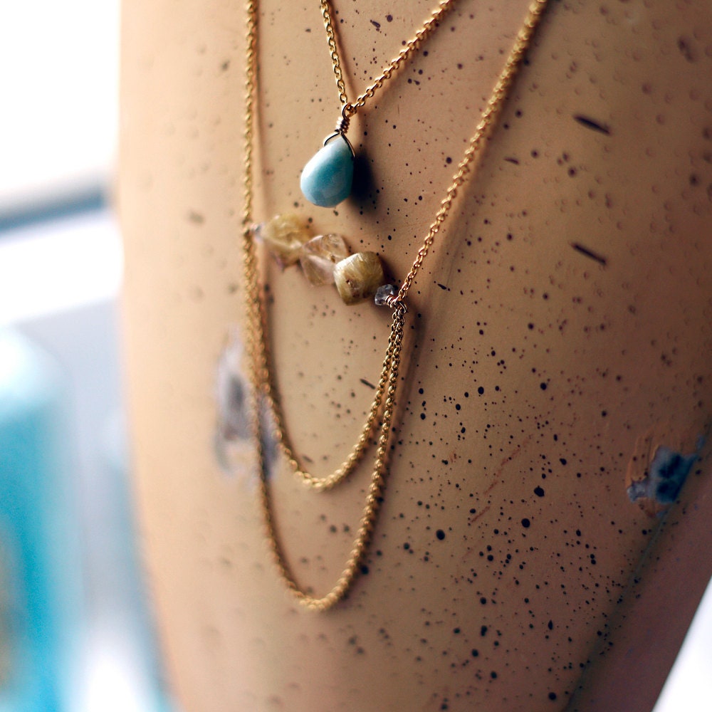 Statement Necklace. Golden Rutilated Quartz. Aquamarine. Gold Fill. Isis