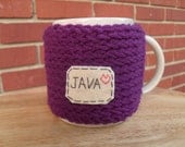 knitted mug cozy cup cozy in purple grape with java patch