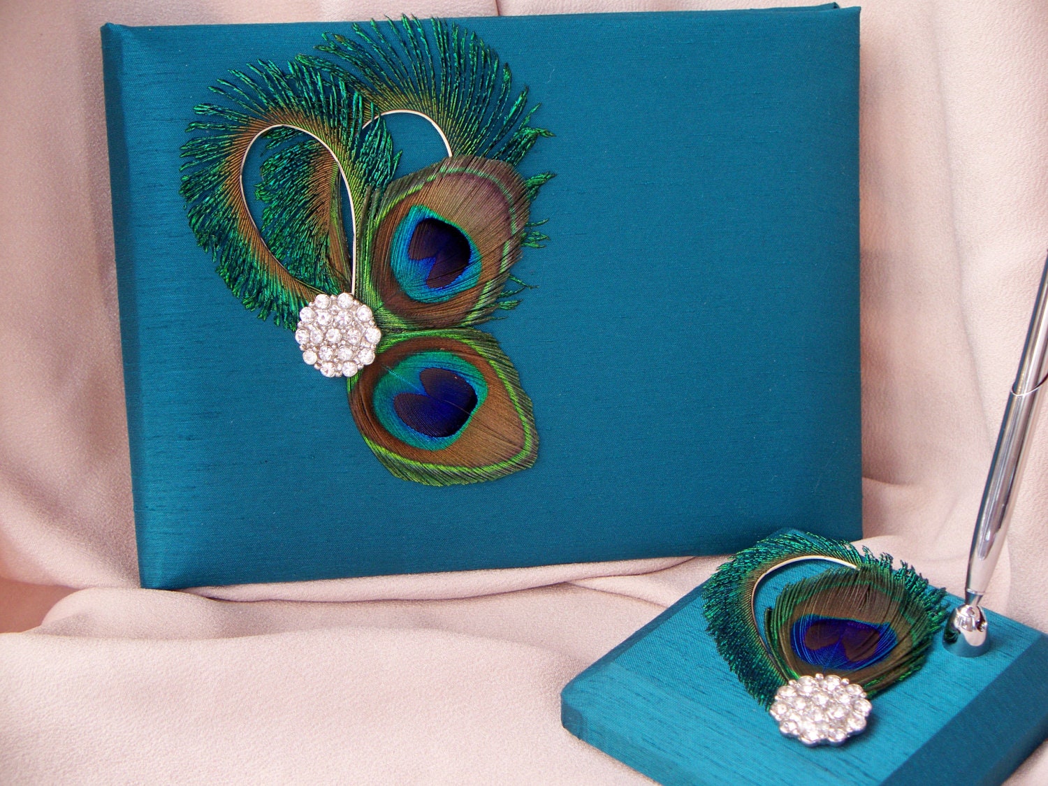 Teal Peacock Feather Guest Book and Pen Set Rhinestone Accented