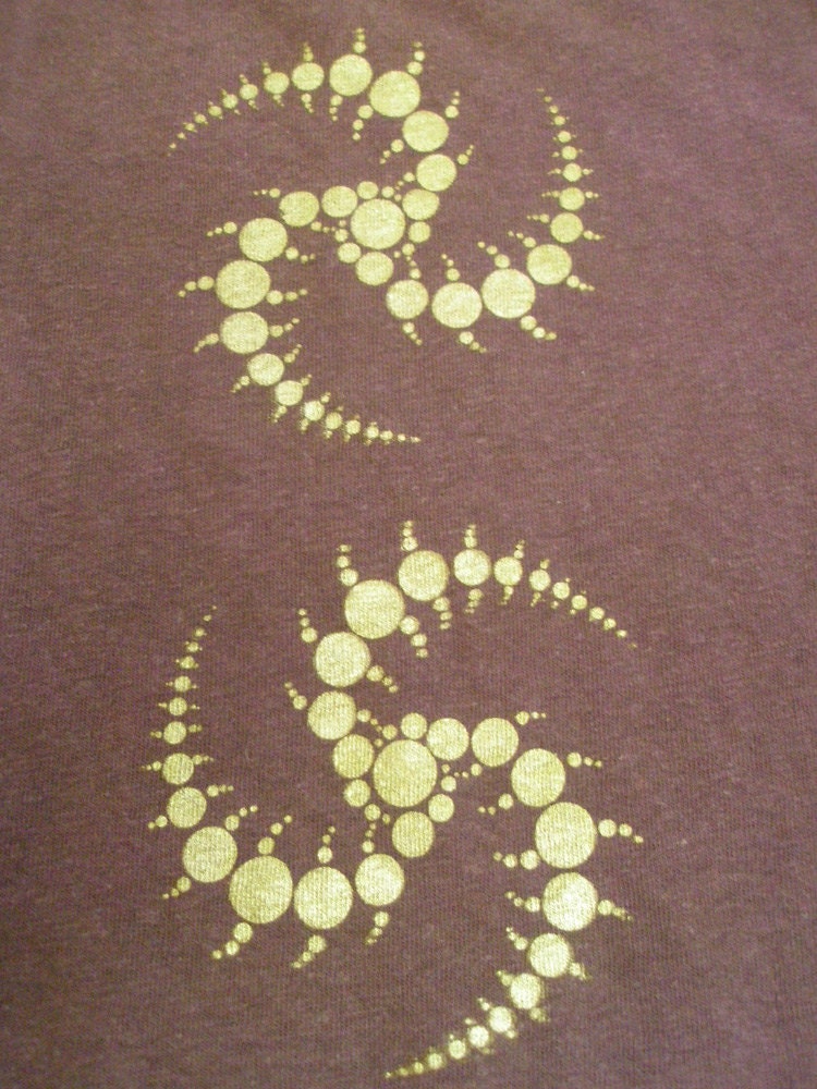 Hemp Mens T-shirt - Gold Fractal Crop Circles - Gold and Brown - Hand printed - psychedelic - wearable art