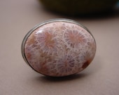 Hand Stamped Sterling Silver Ring with Indonesian Fossil Coral