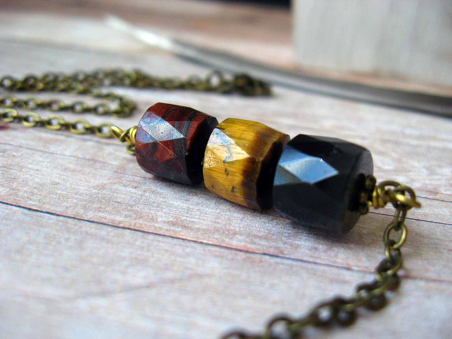 Tiger's Eye Autumn Necklace - Faceted Agate Gemstone Rondelle Beads in Fall Hues of Forest Green, Earthy Brown,  Amber Gold, and Rust Red