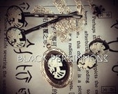 SPECIAL NEW - Miss Skeleton Locket Cameo Earrings Hair Bobby Pins Set - Skull Lolita Lady Girl Profile Day of the Dead Cameos