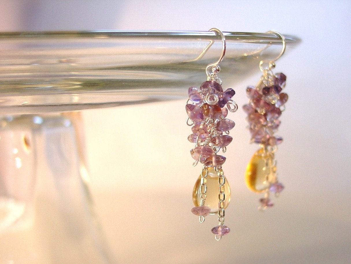 Honey and Lavender Amethyst & Citrine Gem Cluster Earrings