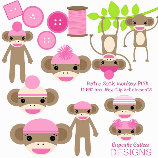 Retro Sock Girls Pink  Monkey  Digital Clipart Elements and Papers Commercial use for paper, invites, and web design