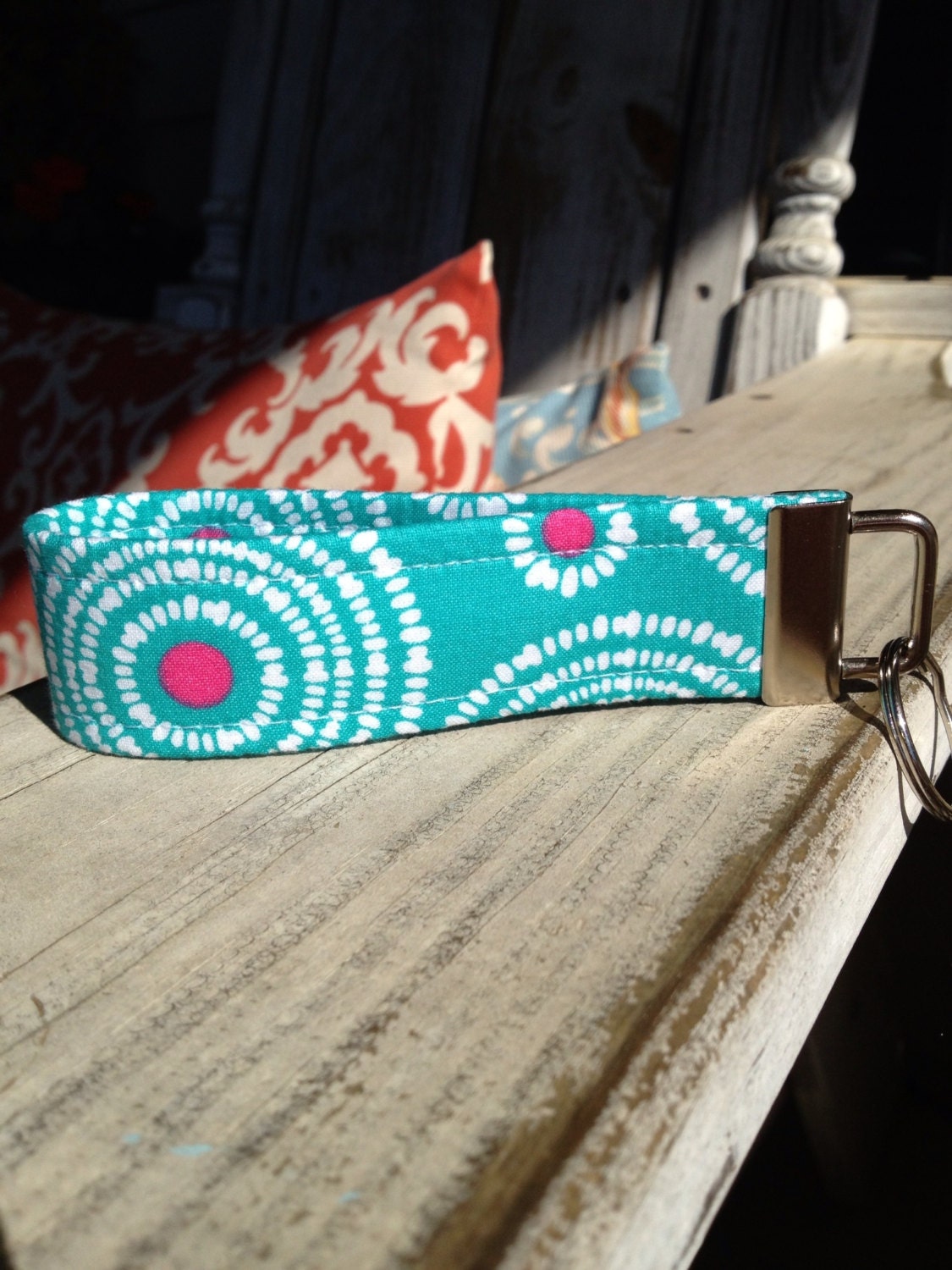 New - Wristlet Key Fob - Keylette - Fabric Keychain - Suzani-Turquoise and Pink