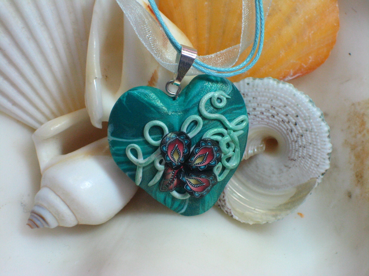 Swirls and Flowers Green Heart Necklace Polymer