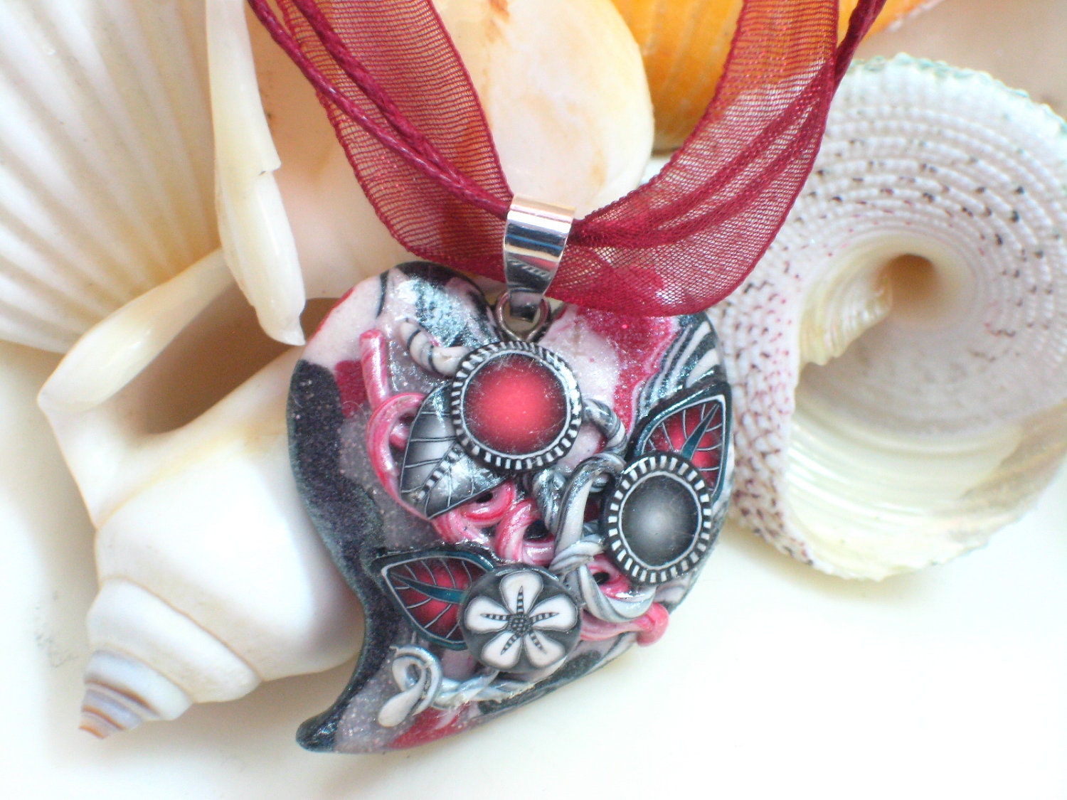 Swirls and Squiggles Black White Red Heart Necklace Polymer