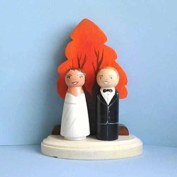 Wedding Cake Toppers - Custom Autumn Tree - Completely Custom Wooden Peg Dolls