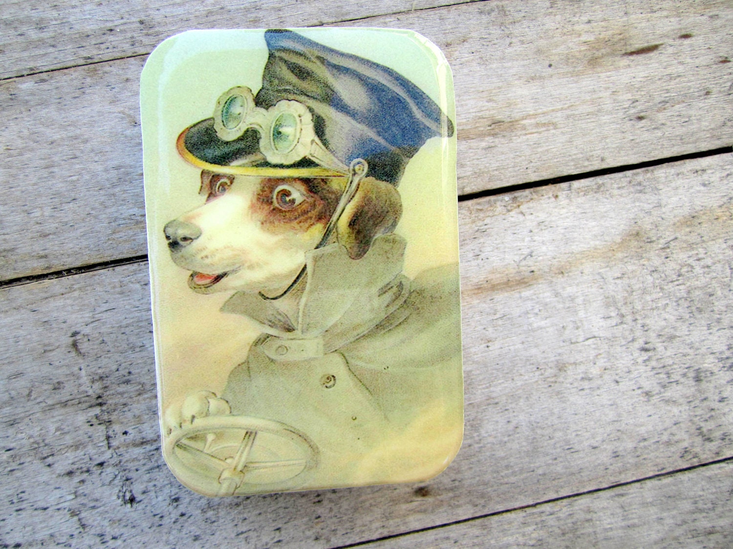 Victorian Dog driving tin, case, gift tin