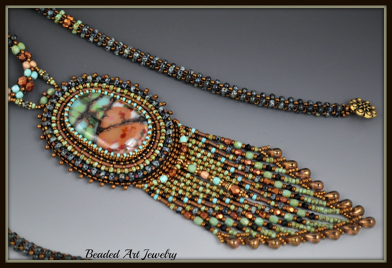 Bead Embroidery, Beadwork, Beadwoven and Fused Glass" Canyon Walls Necklace"