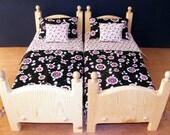 Stackable Wooden Doll Bunk Bed 8pc Reversible Black White Pink Blossoms Bedding - Foam Mattresses with Removable Covers