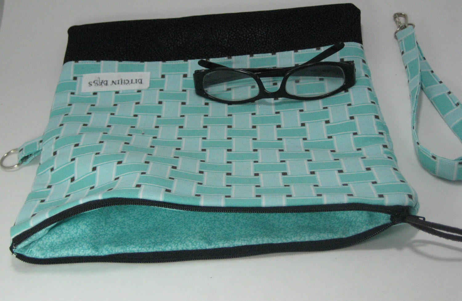 Fold Over Clutch - Vegan Black Leather - Linen Aqua Clutch - Clutch - Black and Aqua Clutch with wrist strap