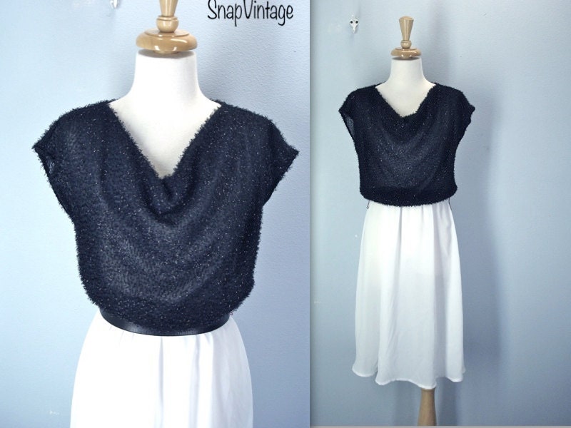 Vintage 70s Dress / Black White Dress / Drape Neck Dress