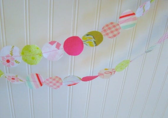 Girls Fabric Garland Pink and Green hand cut circles Spring Fever 12 feet