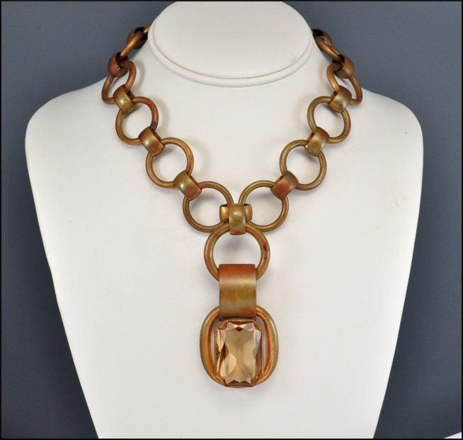 Statement Art Deco Necklace Brass Ring Citrine Yellow Glass 1940s Vintage Jewelry