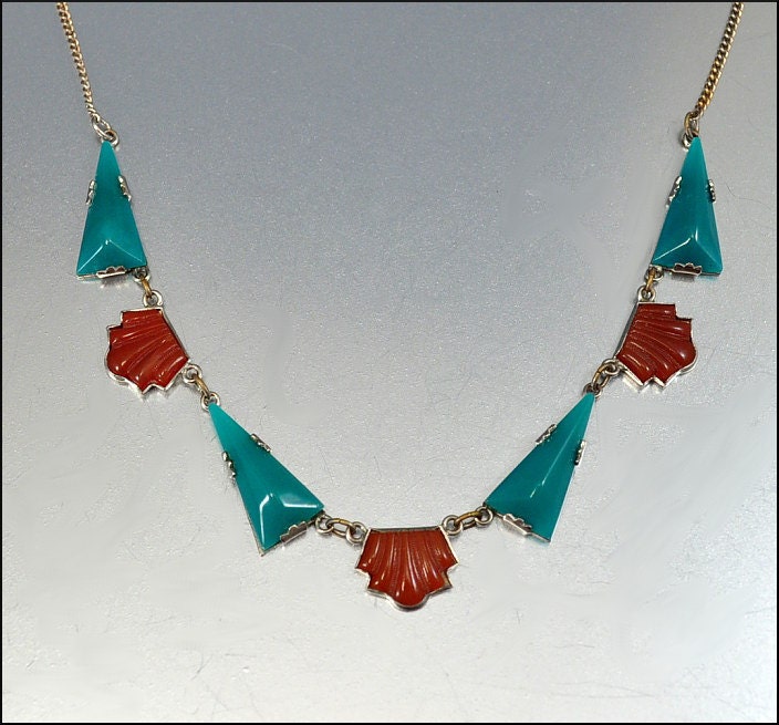 Art Deco Necklace Sterling Silver Geometric Glass Vintage Jewelry 1920s Carnelian Chrysoprase