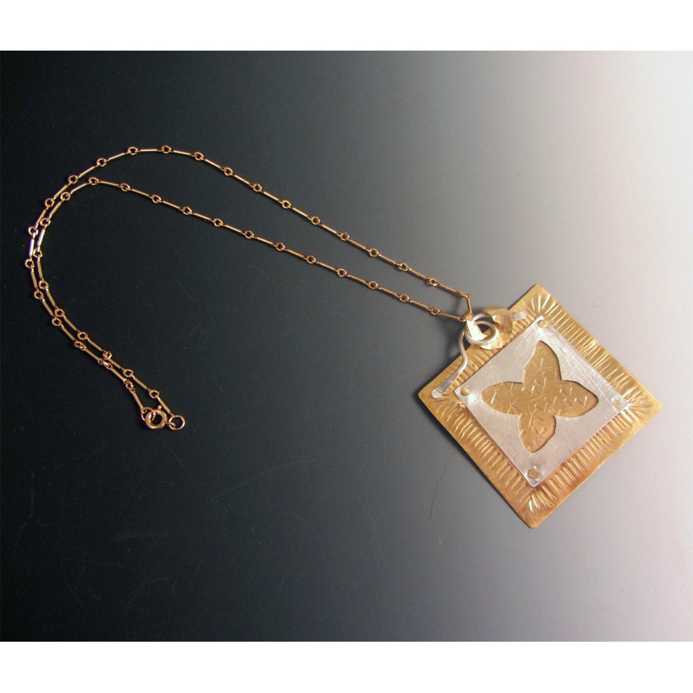 Forged Riveted Textured Sterling Silver Brass Pendant and Necklace OOAK
