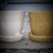Flower Pots with attached saucers Vintage USA Brush Pottery textured yellow white planters