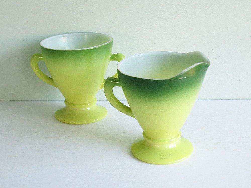 Hazel Atlas Glass Open Sugar Bowl and Creamer with Fired-On Color in Chartreuse and Green