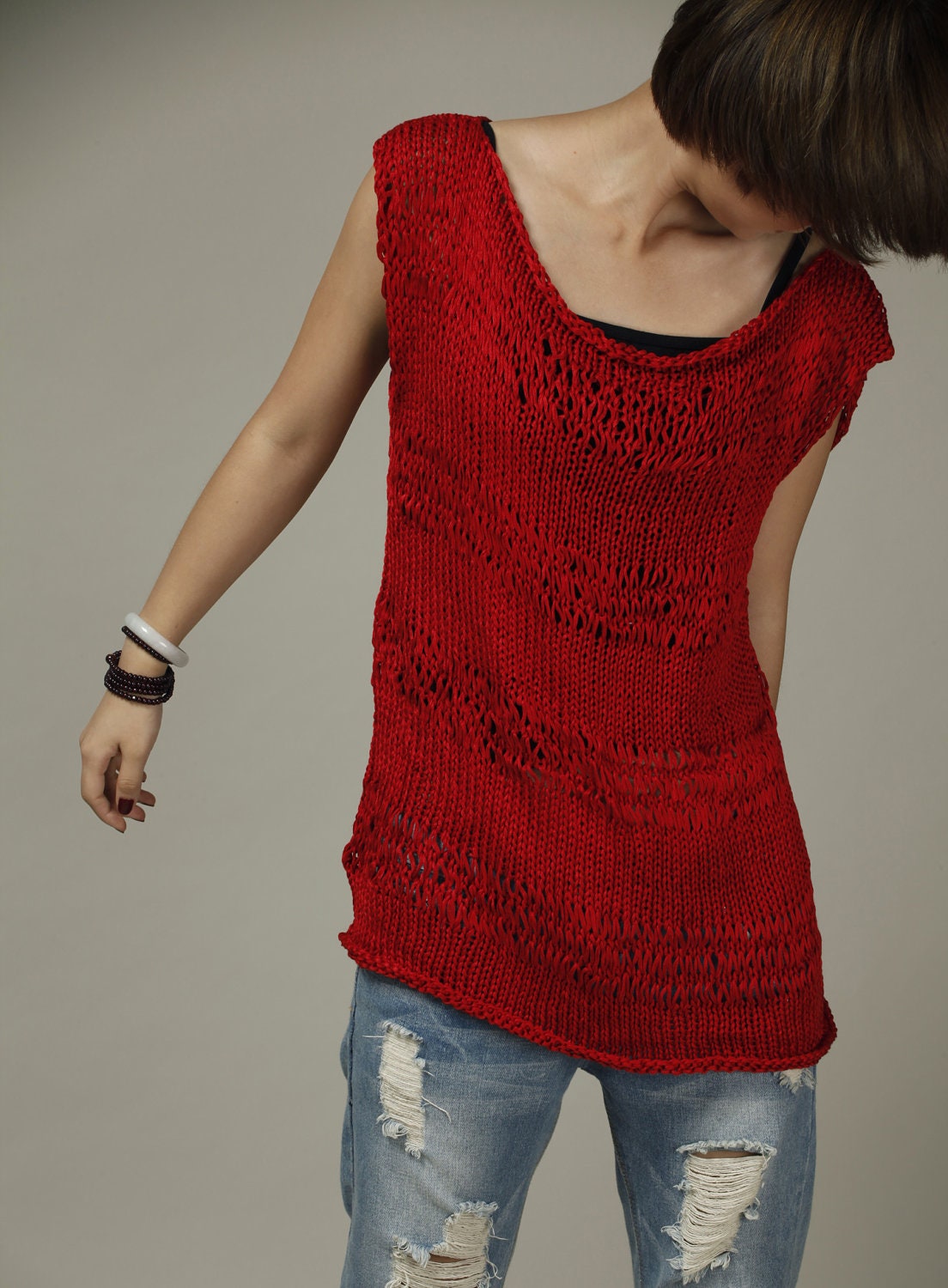 Hand Knitted sweater Silk Cotton Tunic in true RED oversized