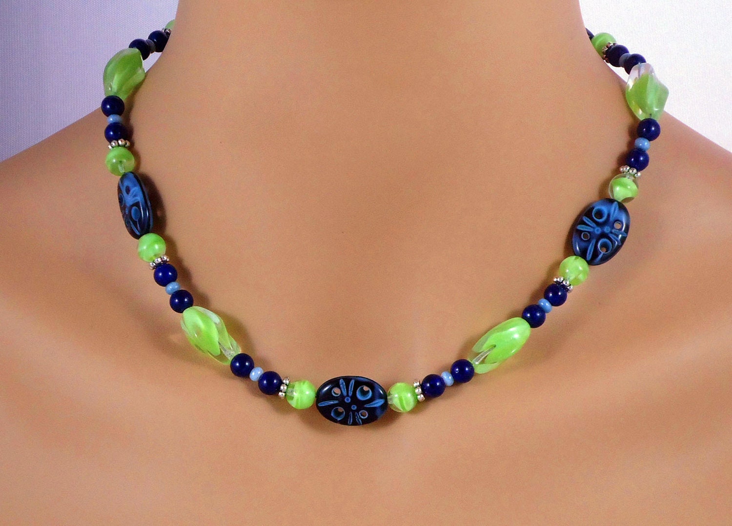 Blue Lapis Lime Green and Demin Blue Focal Beads Magnetic Necklace