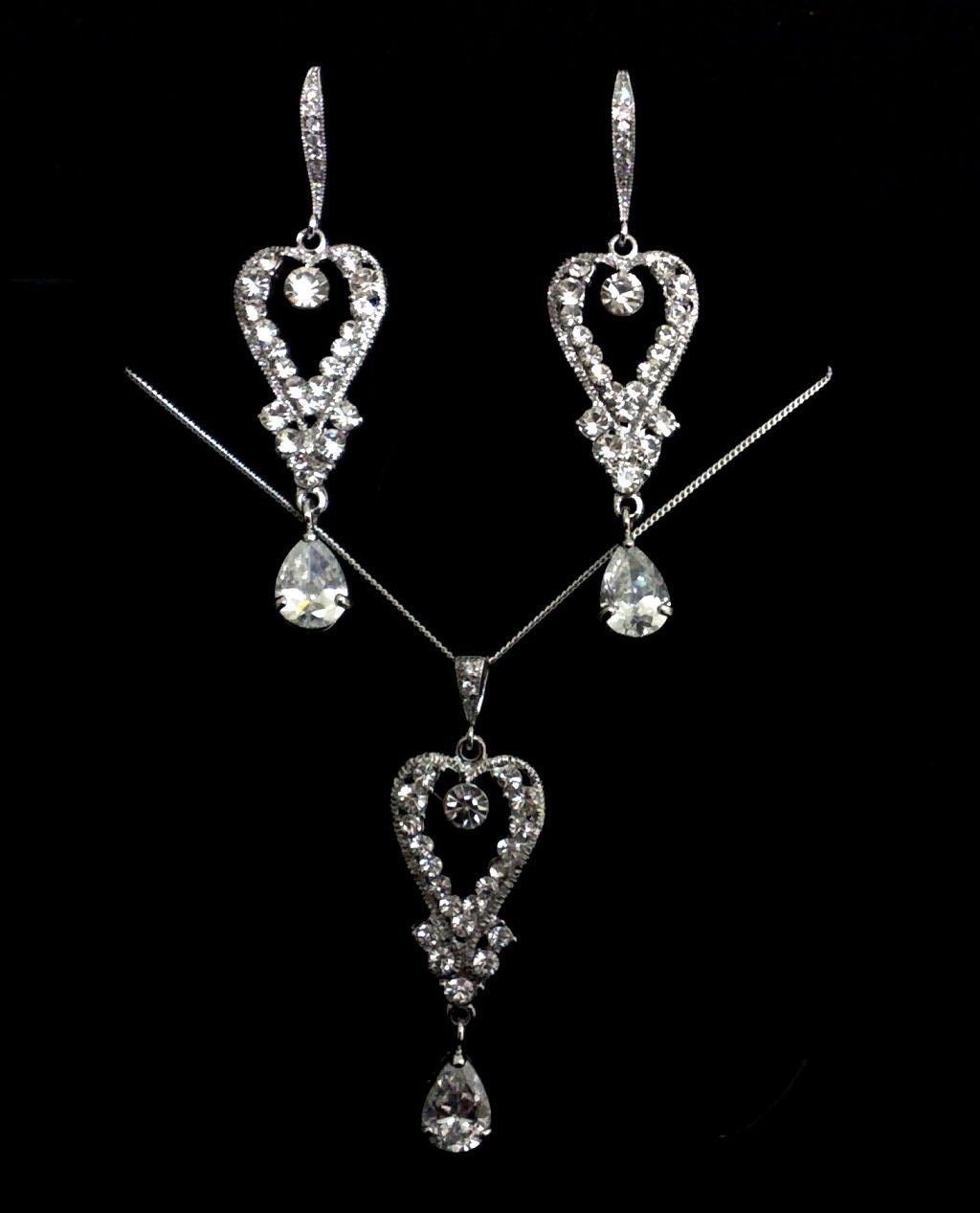Teardrop Bridal Necklace and Dangle Earrings, CZ or Pearl Wedding Jewelry, ROMANTIC SET