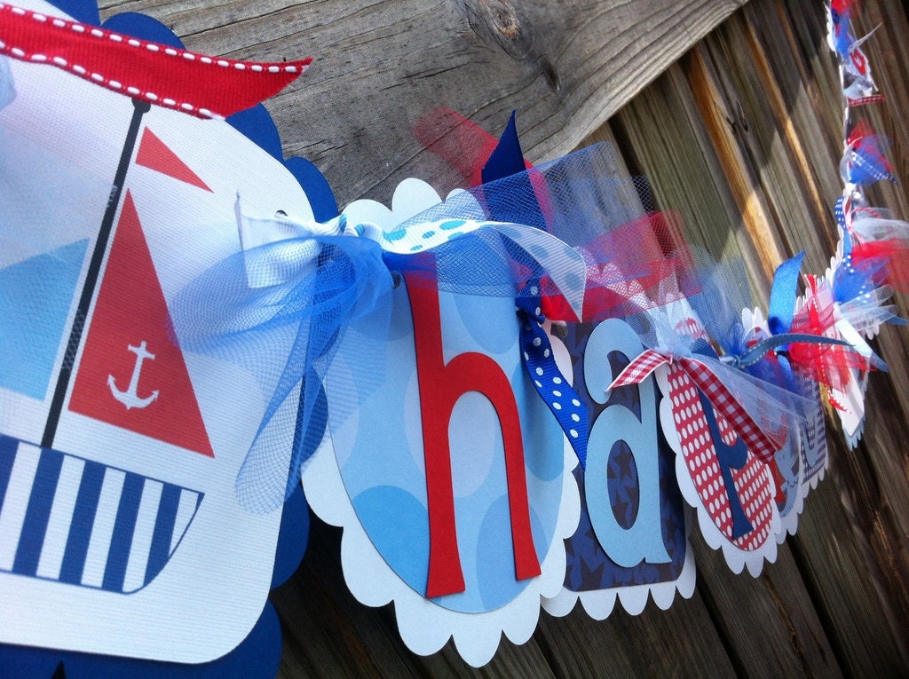 Nautical Themed HAPPY BIRTHDAY Banner in light blue, blue & reds with Sailboats and Crab