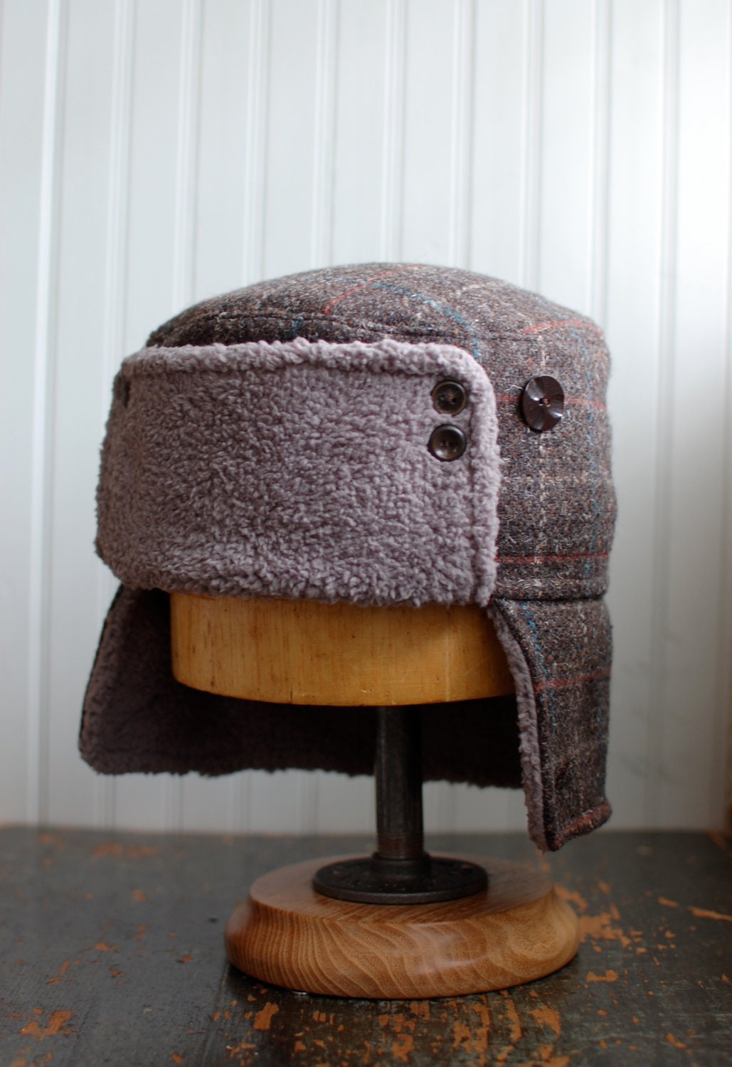 Russian hat in brown plaid wool with vintage buttons: mens hat with earflaps, womens hat with earflaps - extra large
