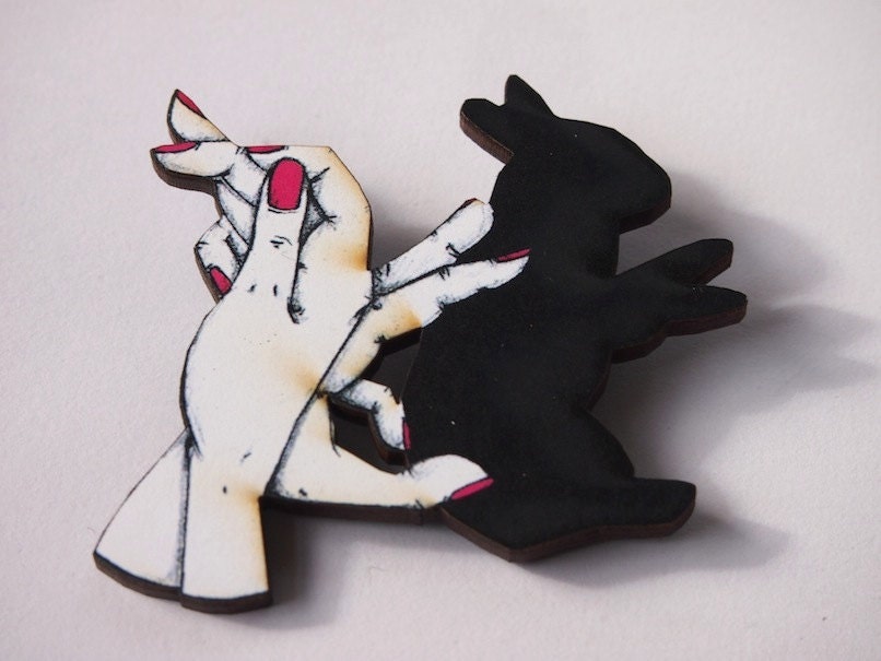Bunny Rabbit Shadow Puppets with Pink Nails Laser Cut Wood Brooch