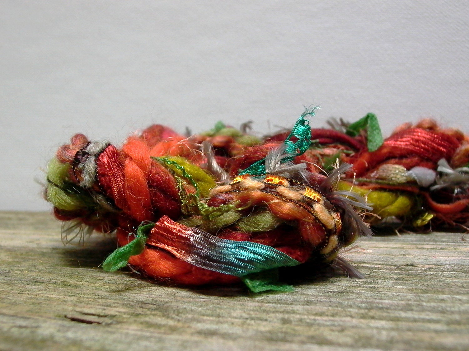 fall foliage fringe effects . 20yds of specialty art yarns fiber bundle . burnt orange rust moss leaf green copper teal