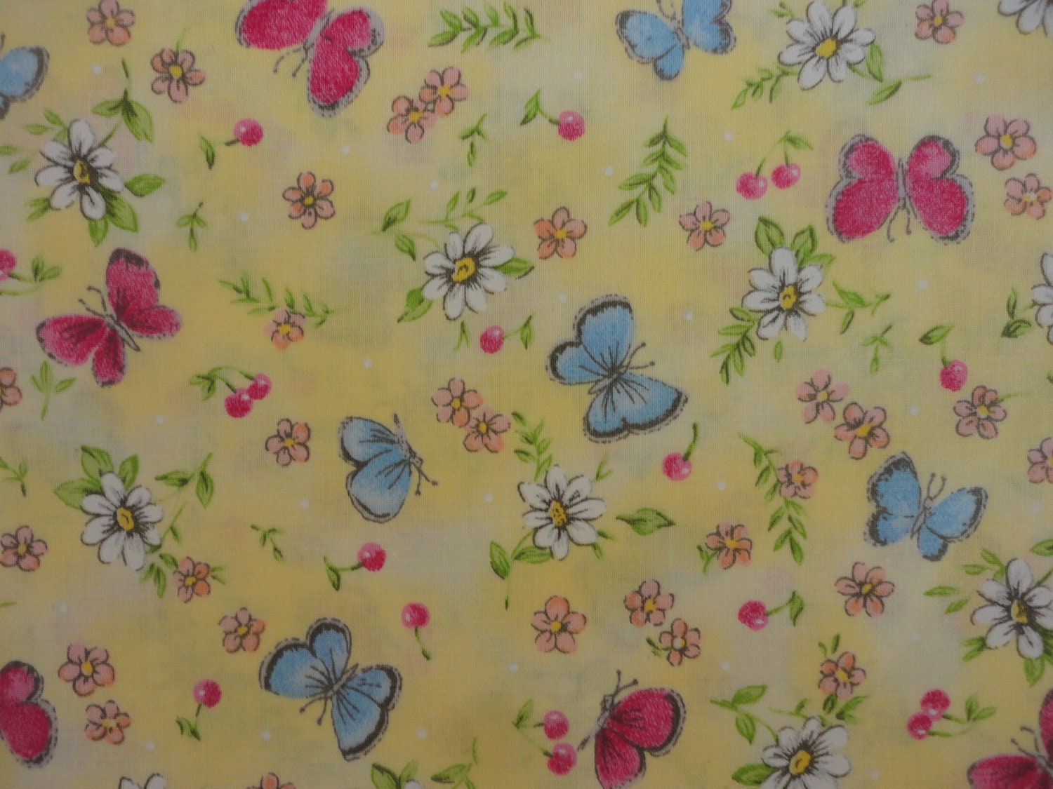 Cotton Fabric, Butterflies, Yellow, Daisy Flowers 1 Yard, FabricTraditions