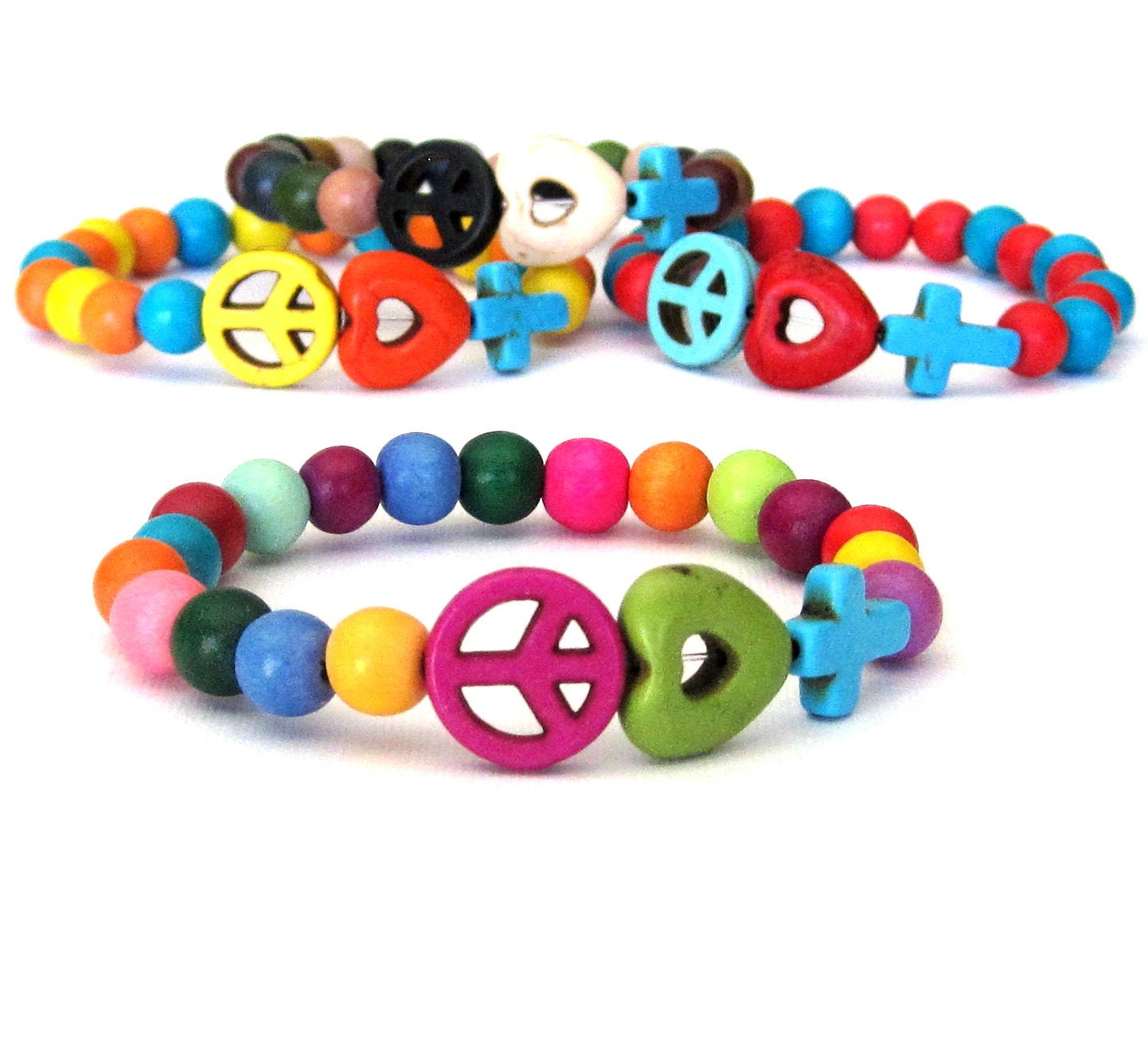 Peace Love and Faith Stretch Stack Bracelet Turquoise Sideways Cross, Fuchsia Peace Sign, and Green Heart with Bright Multicolor Beads