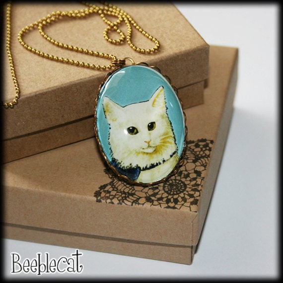White Cat Charm Necklace with Brass Frame